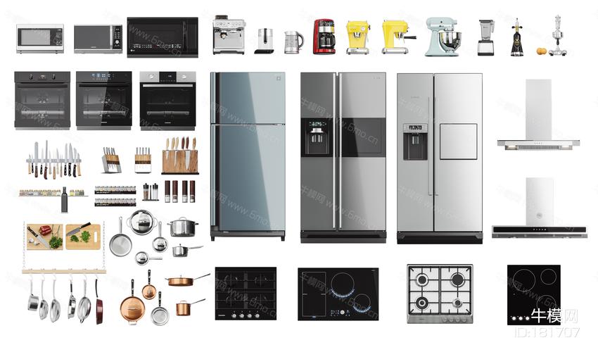 现代厨房厨具电器冰箱电磁炉油烟机烤箱微波炉组合3d模型下载